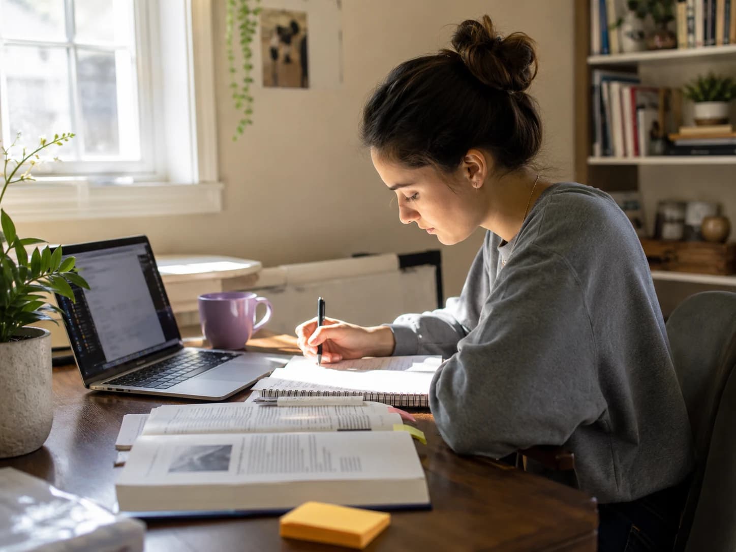 Student working independently in a warm, quiet study environment.