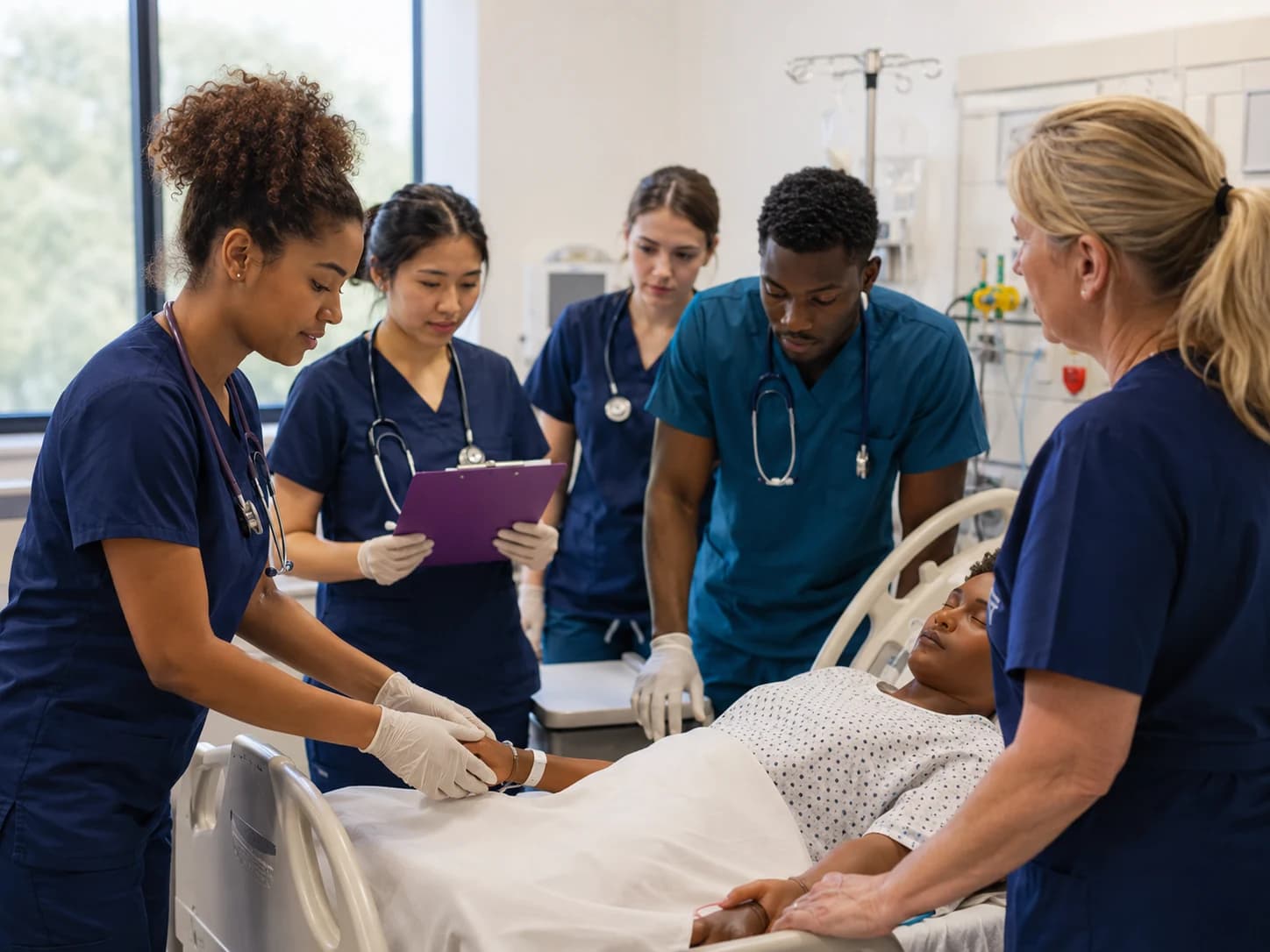 Healthcare students practicing bedside simulation as a team.