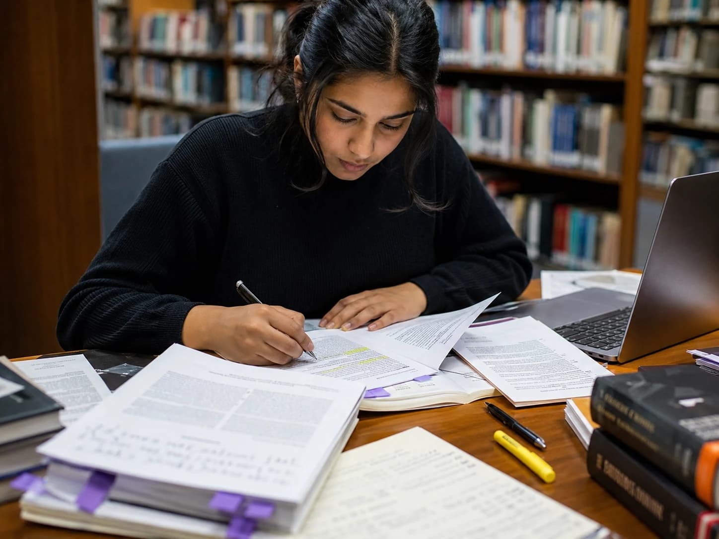 Student reviewing research papers and academic sources in a library setting.