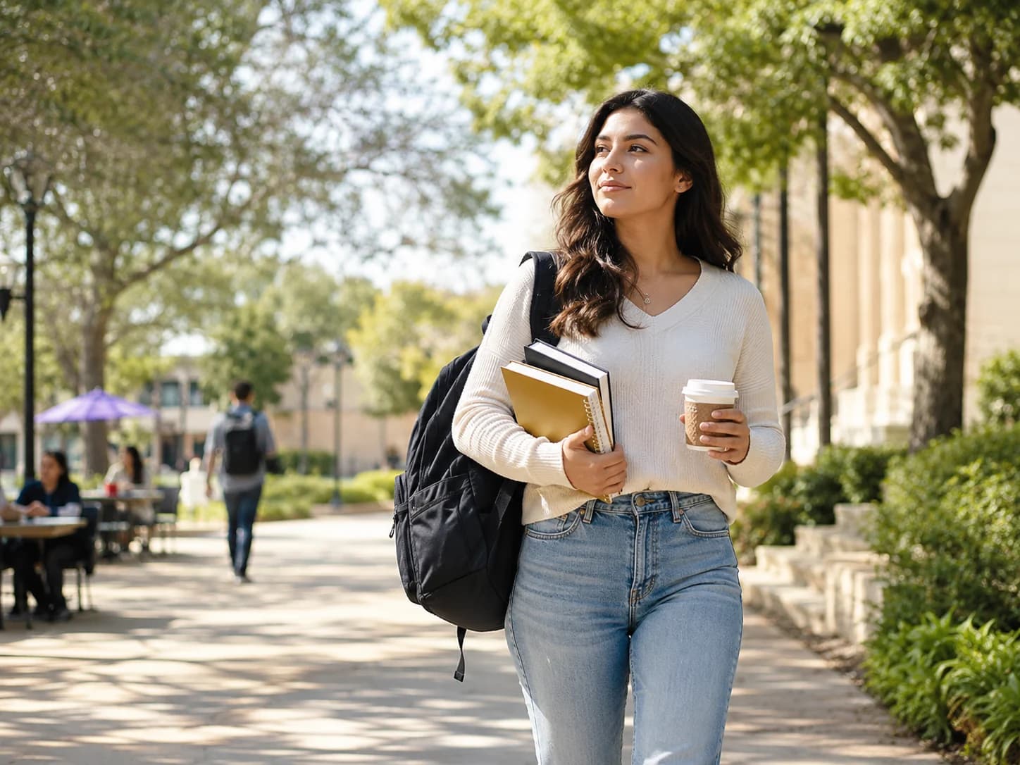 Student walking confidently through campus with books and coffee.