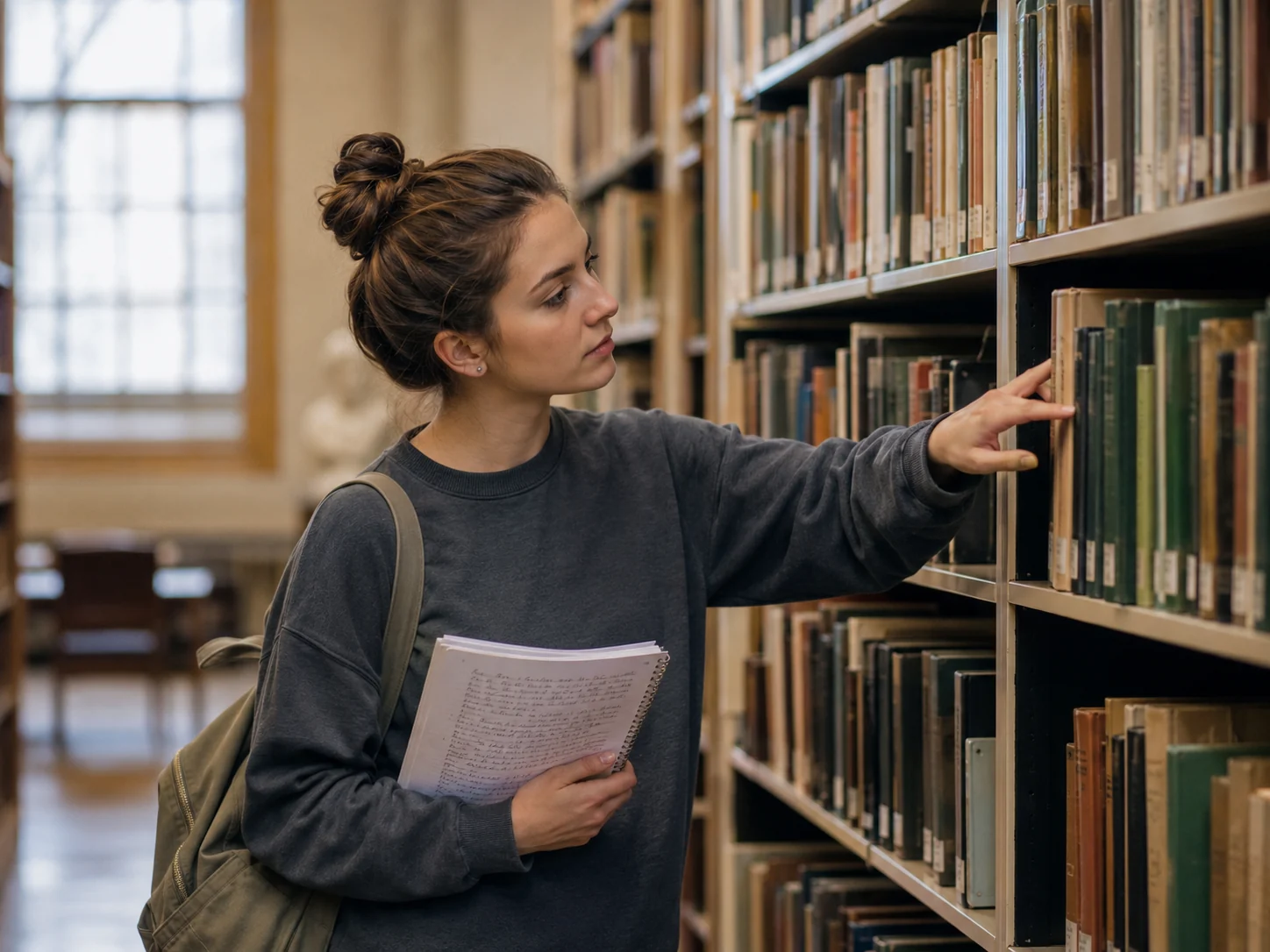 Student selecting books from library shelves for academic research.